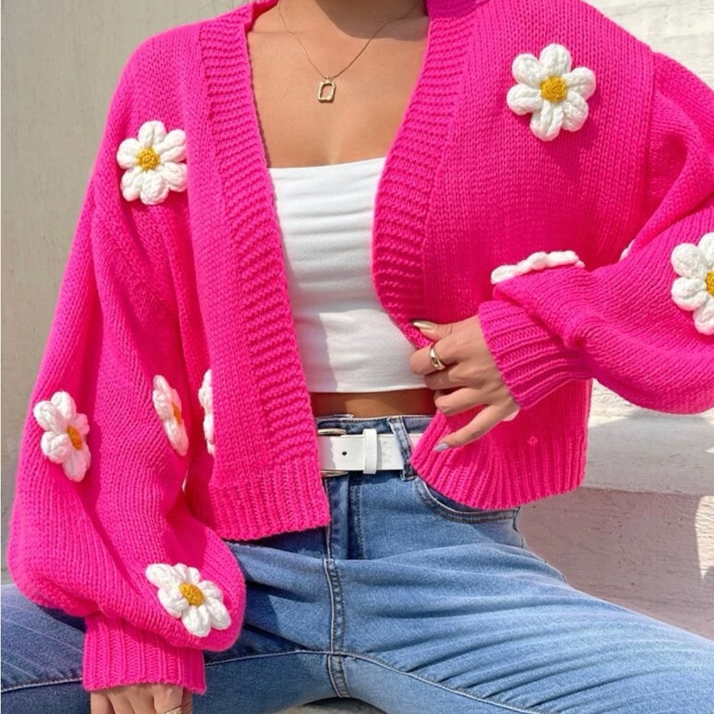 Chunky Pink Flower Cardigan
